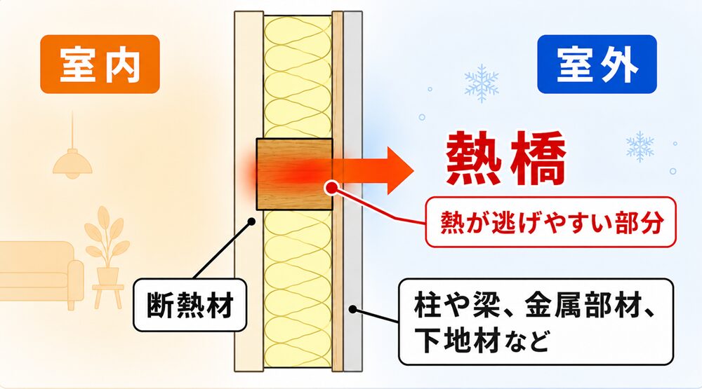 柱や梁などを通じて室内の熱が逃げる熱橋の仕組み
