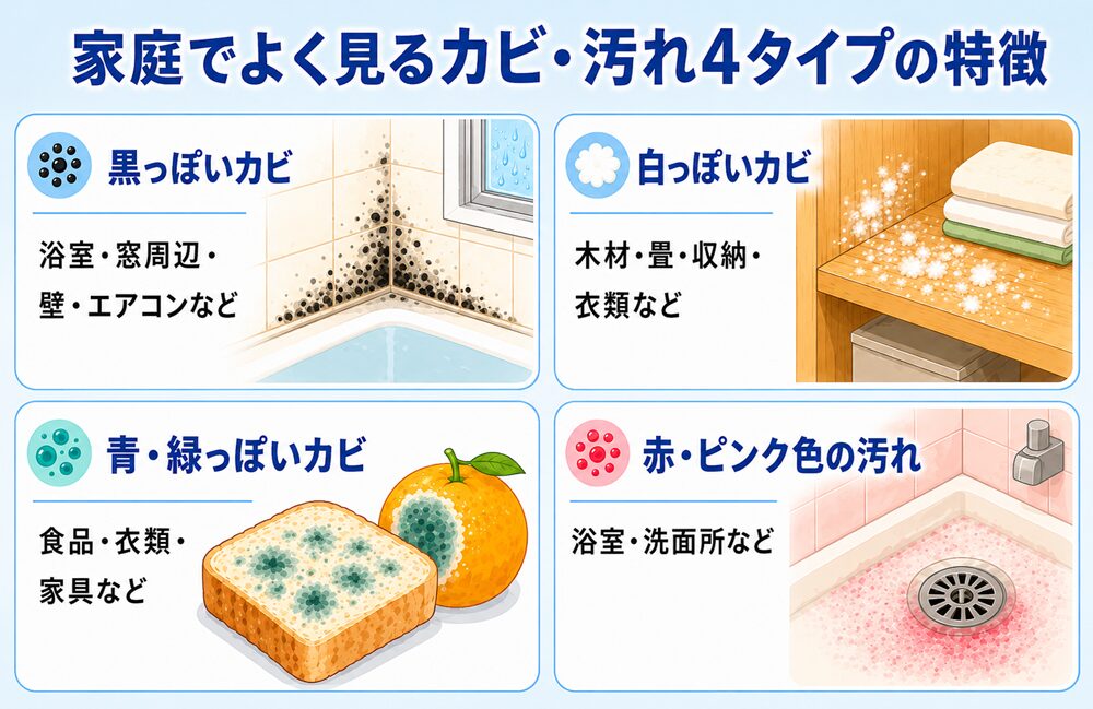 家庭でよく見るカビ・汚れ4タイプの特徴